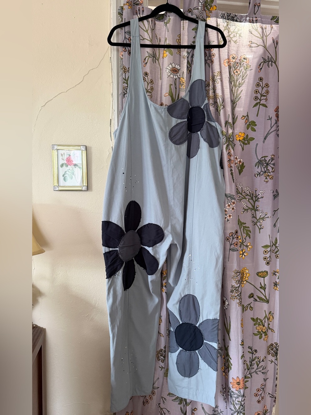 Three Bird Nest Light Blue Overalls with Flower Appliques